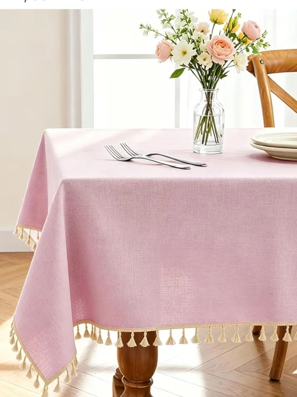 Pink Tassel Dining Tablecloth With Tassels Size 55x120 Rectangular